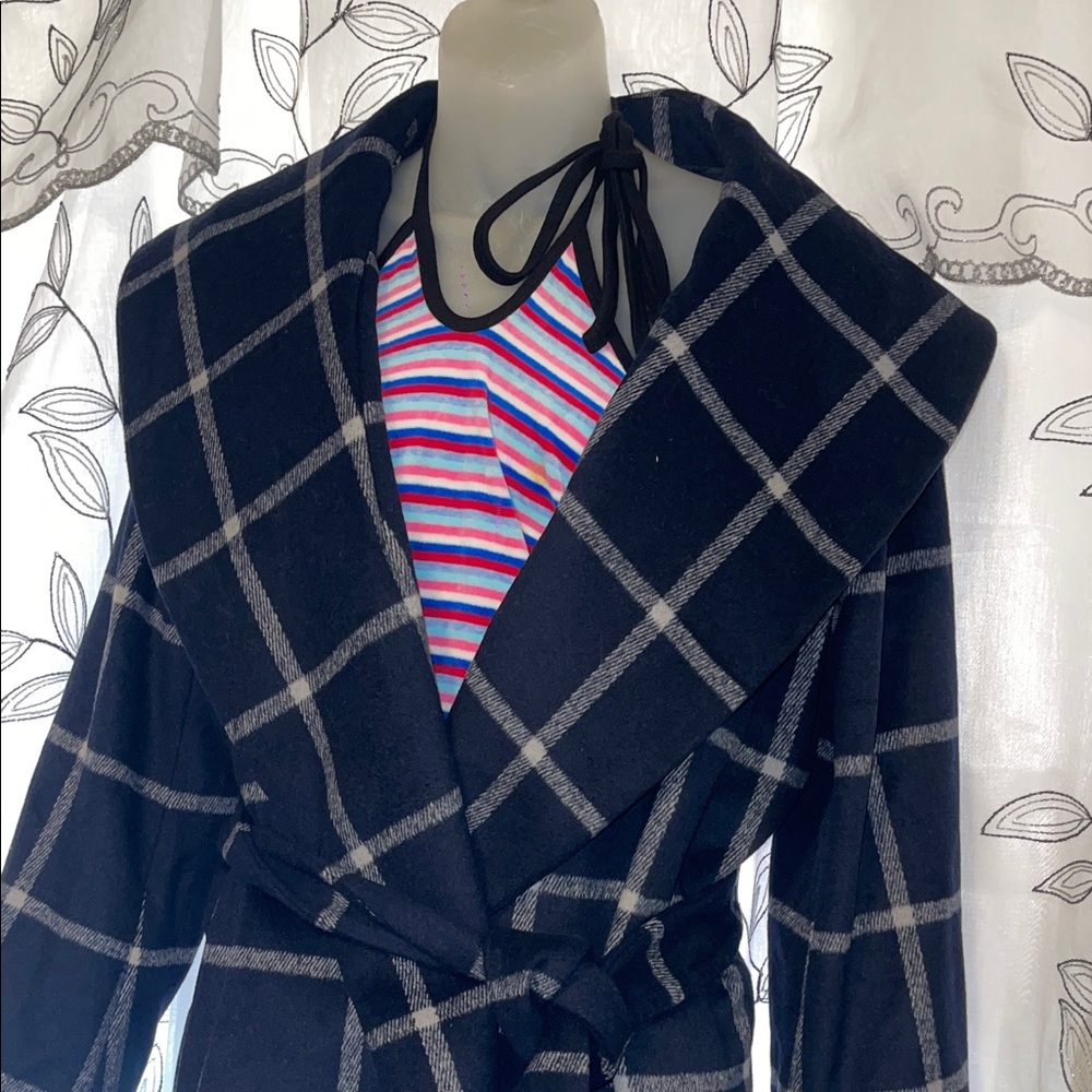 Ann Taylor Navy Plaid Trench Coat - Picture 3 of 12